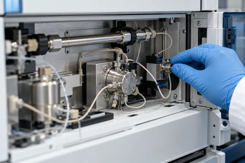 Close-up of the column and valves of a chromatography system