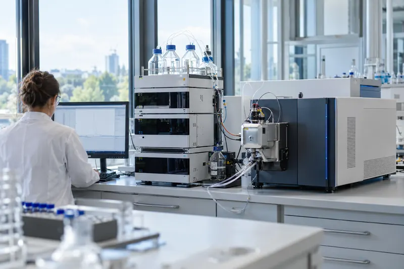 Analytical lab with chromatography and mass spectrometry equipment